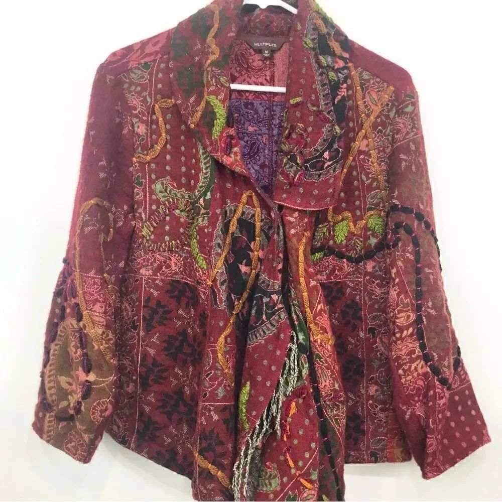 Multiples Colorful Embroidered and Patterned Asymmetrical Statement Jacket - Picture 4 of 16